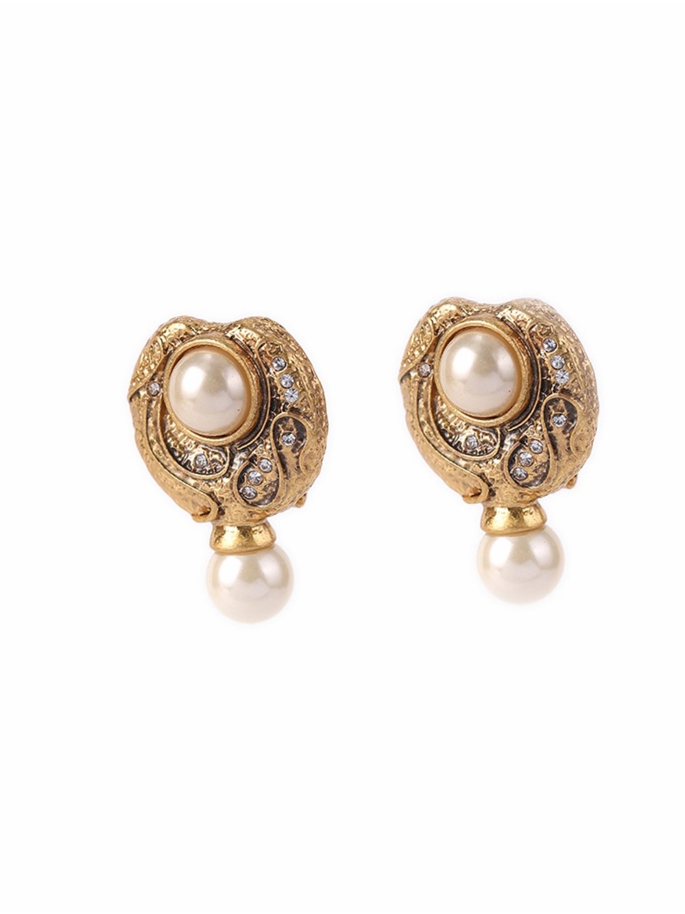 Gold Pearl and Crystal Vintage-Style Clip Earrings